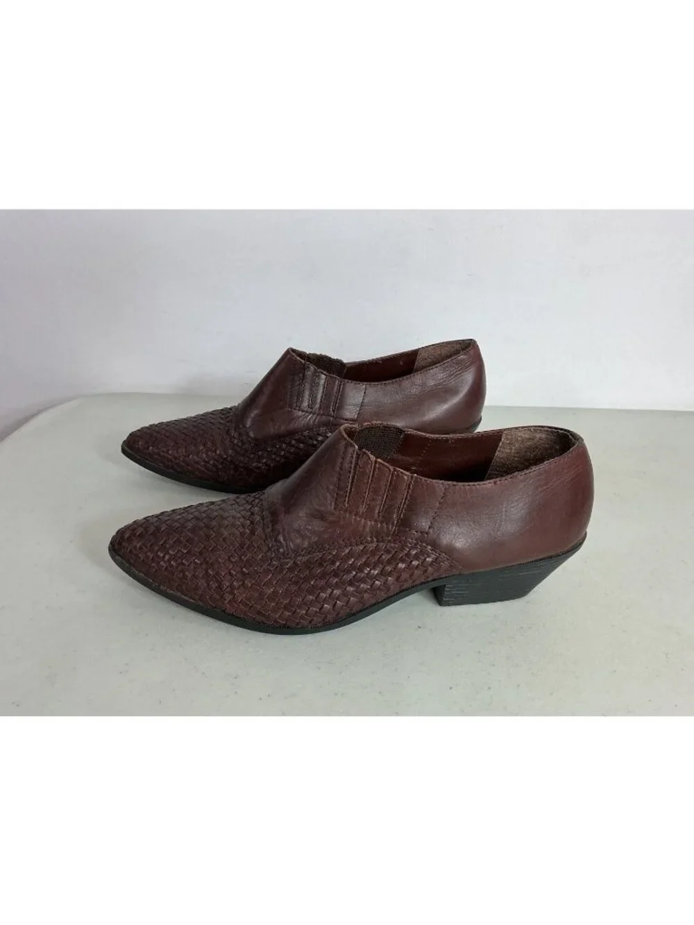 Vintage Brown Leather Western Slip on Shoes Woven Boots in Brazil Women's 10